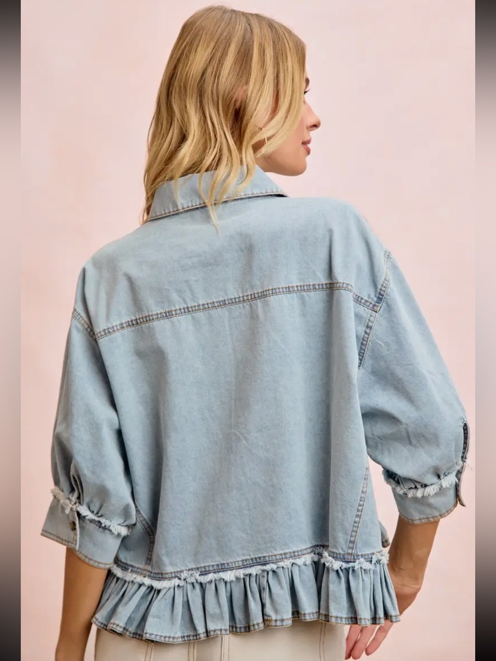 537. Washed Denim ruffled hem button down top - Picture 3 of 3